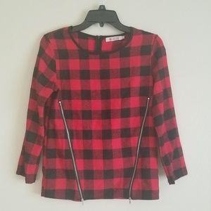 Plaid Zipper Long Sleeve Top